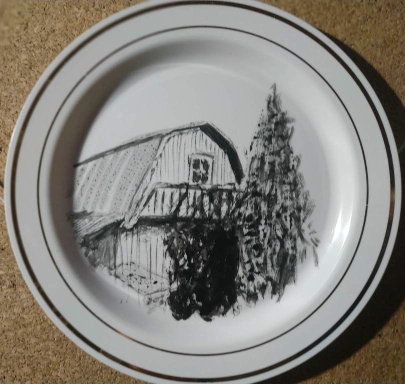 Старый дом акрилом на пластмассовой тарелке. 